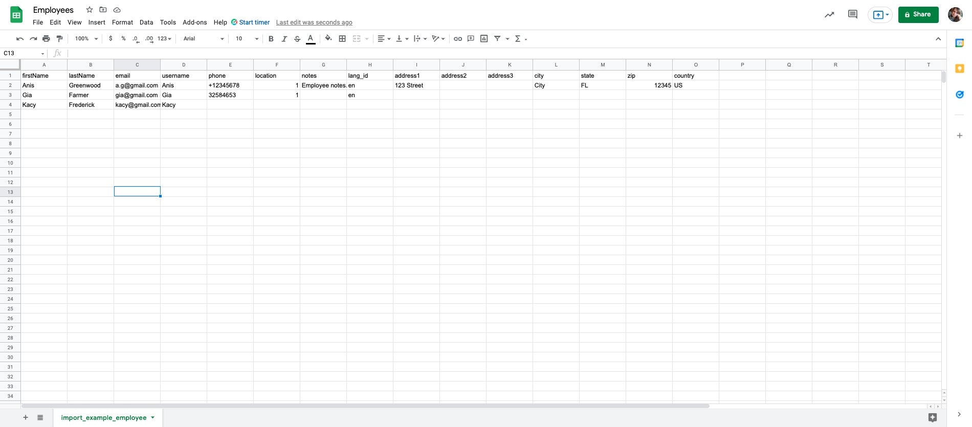 Importieren Sie die heruntergeladene Beispieldatei in Ihre Tabellenkalkulationssoftware und fügen Sie die benötigten Informationen hinzu