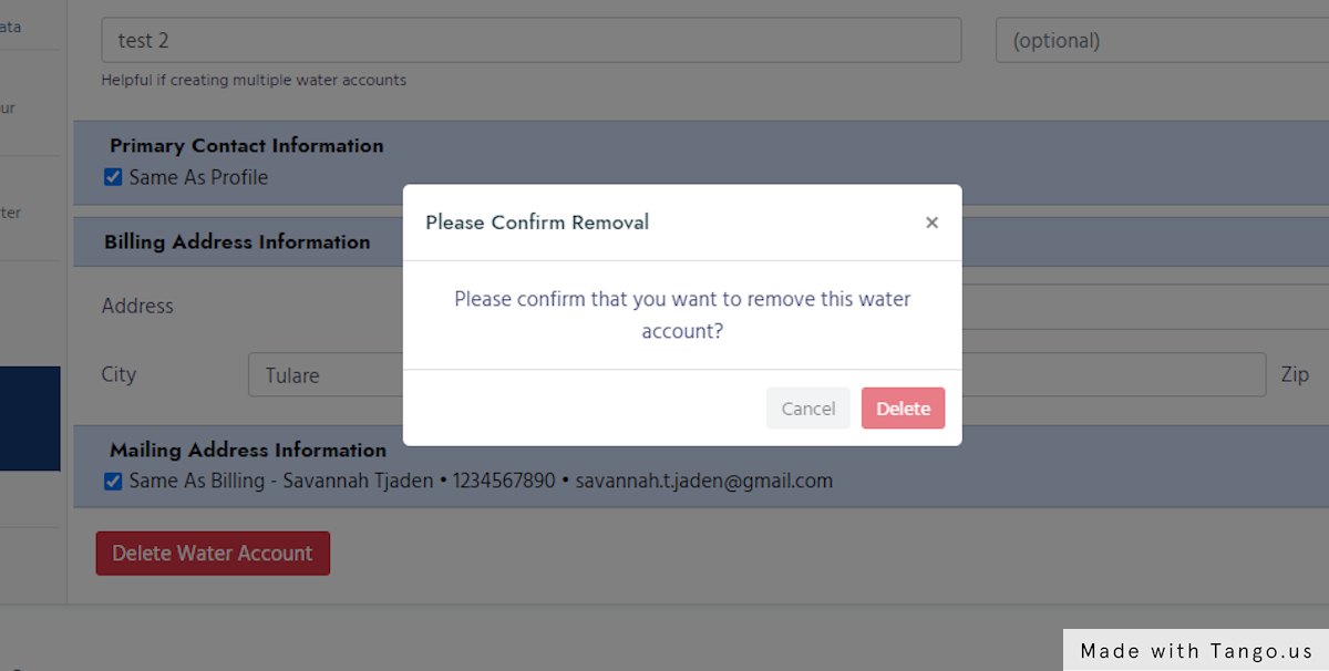 Confirm you want to delete the Water Account
