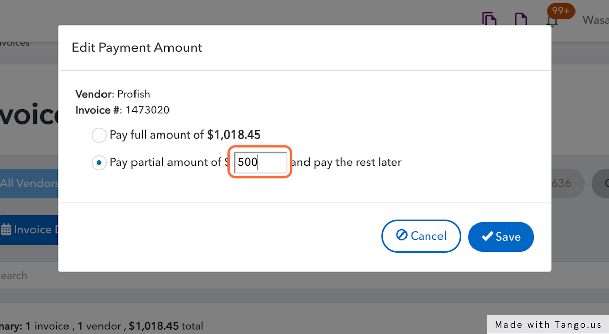 Chose to "partial pay" and enter the desired amount to pay.