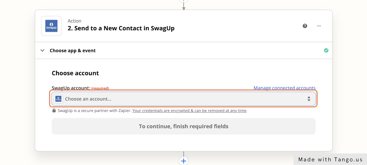 Zapier needs to connect to your SwagUp account to be able to pull your inventory options. Click on "choose an account" to designate your SwagUp account