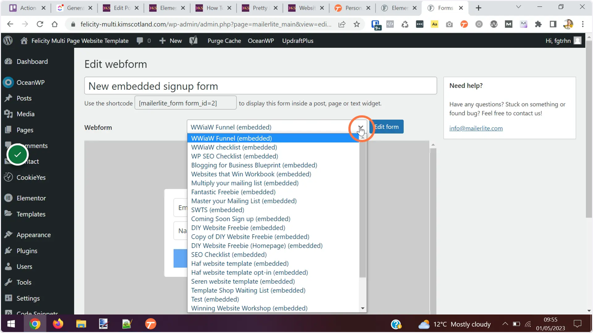 The user choosing a form from the webform dropdown list.