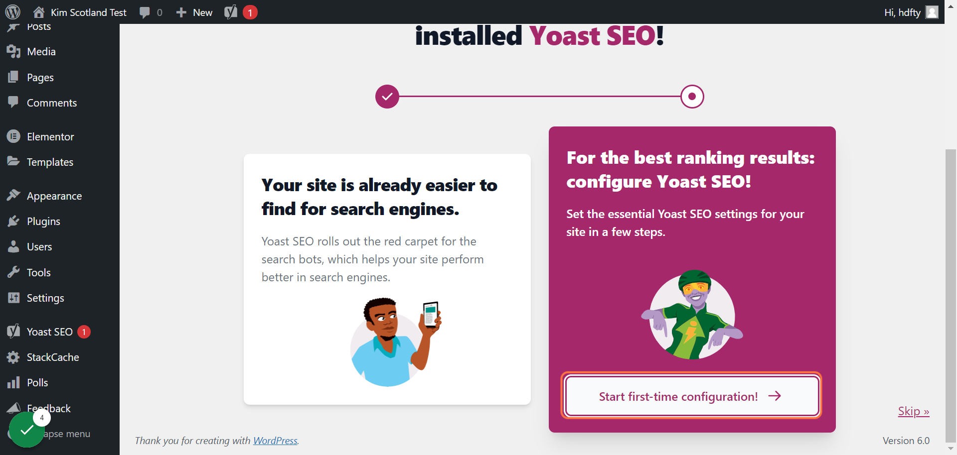 Screenshot of the Yoast SEO home screen within the WordPress dashboard. The user is clicking the First-Time configuration button.