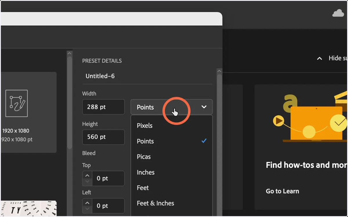 Click dropdown and select 'Inches'