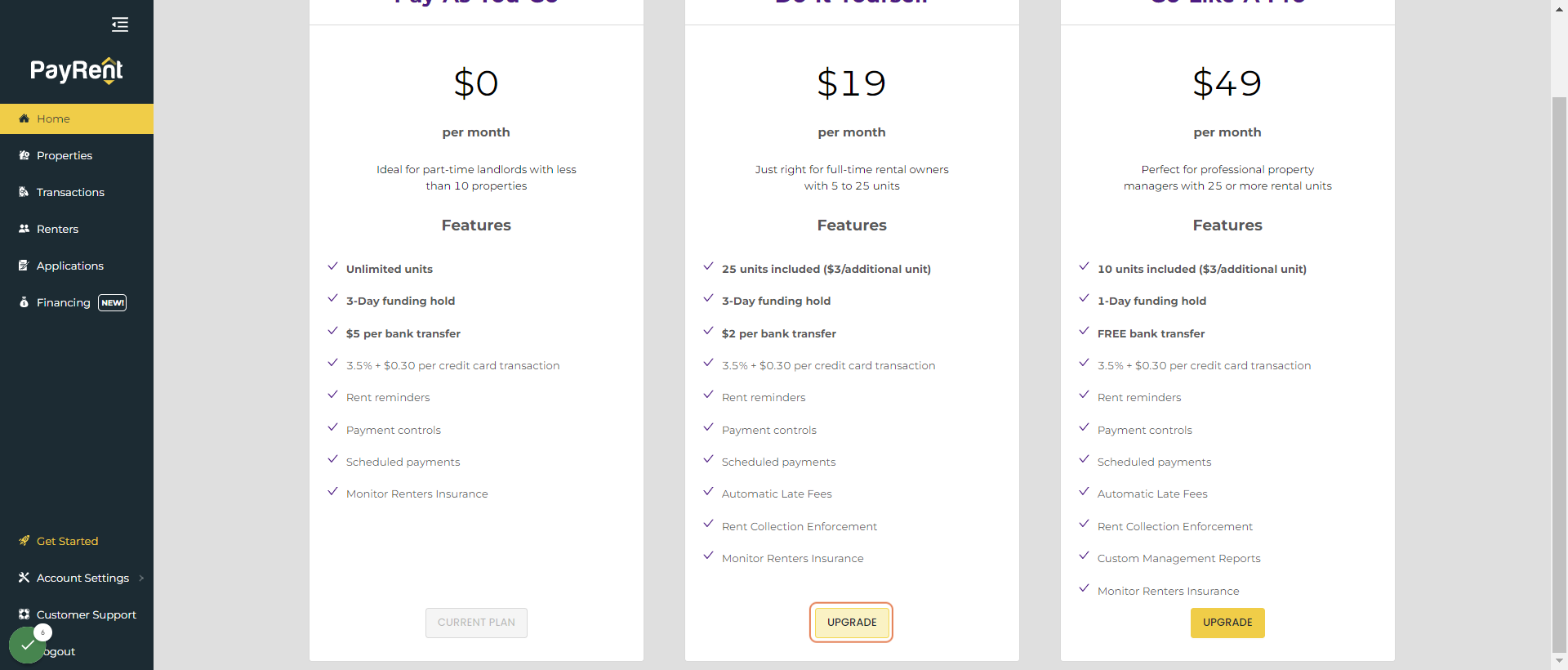Review Plans and Click on UPGRADE or DOWNGRADE.