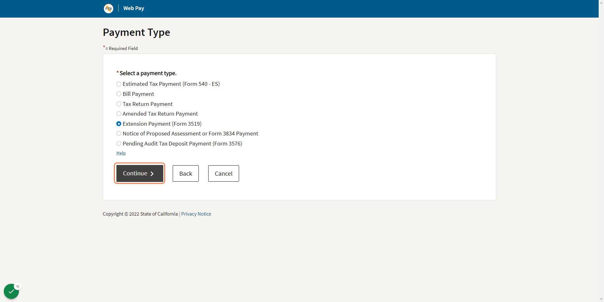 Click "Extension Payment (Form 3519)"