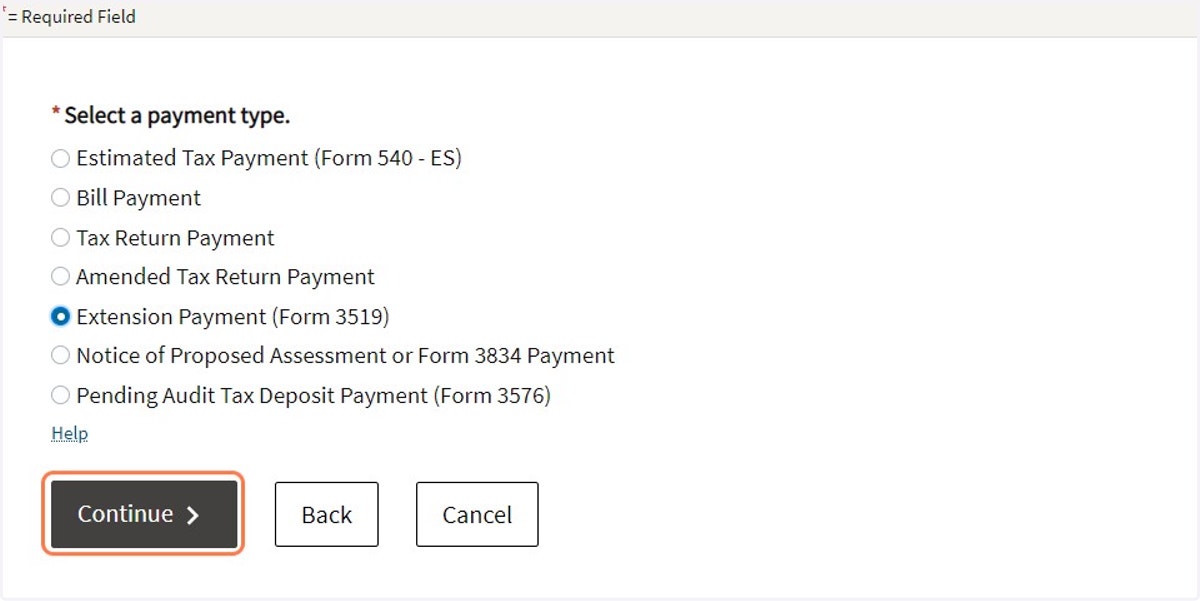 Click "Extension Payment (Form 3519)"