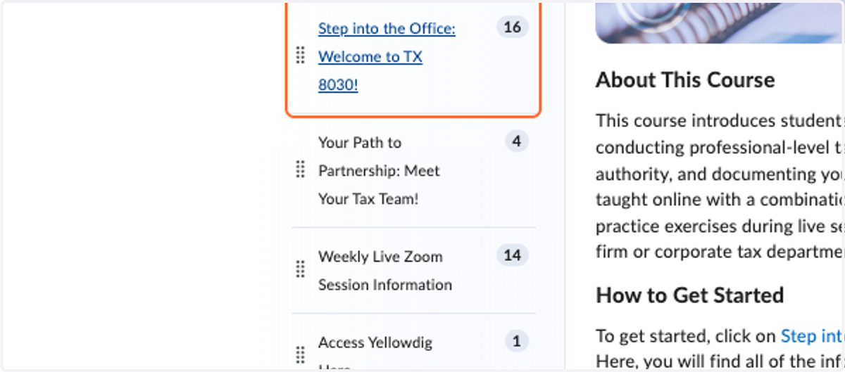 Course Narrative: "Becoming a Tax Analyst" course narrative throughout the course and module titles reflecting common workplace partnerships and research methods