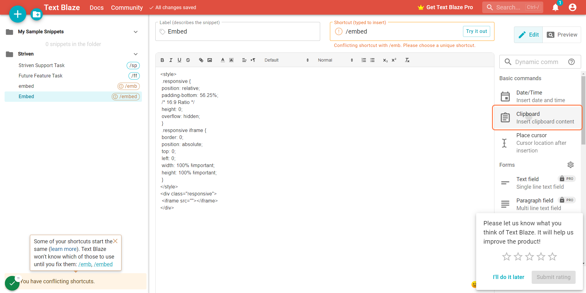 With your cursor still in the same position, click on Clipboard from the right-side menu to insert this dynamic element