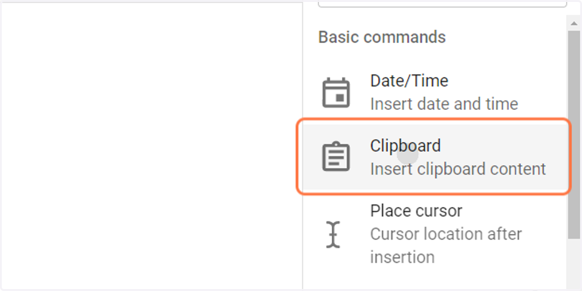 With your cursor still in the same position, click on Clipboard from the right-side menu to insert this dynamic element