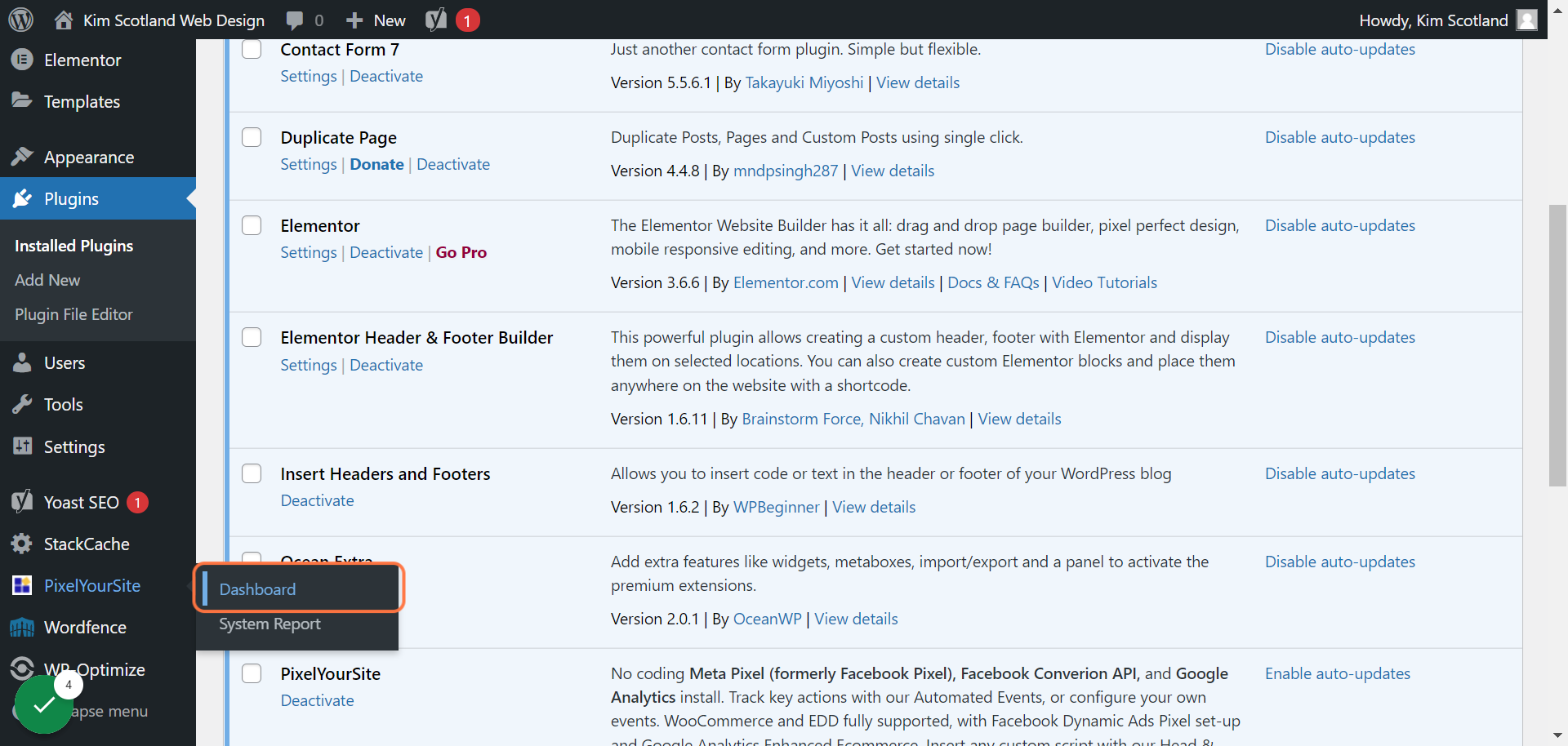 In the left hand panel hover over PixelYourSite and click on Dashboard
