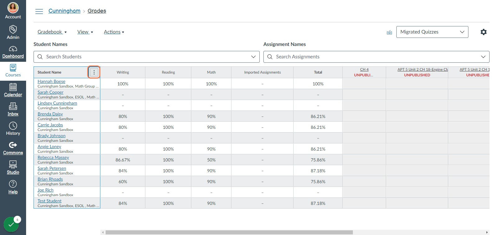 Click on Student Name Options