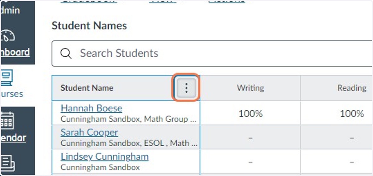 Click on Student Name Options