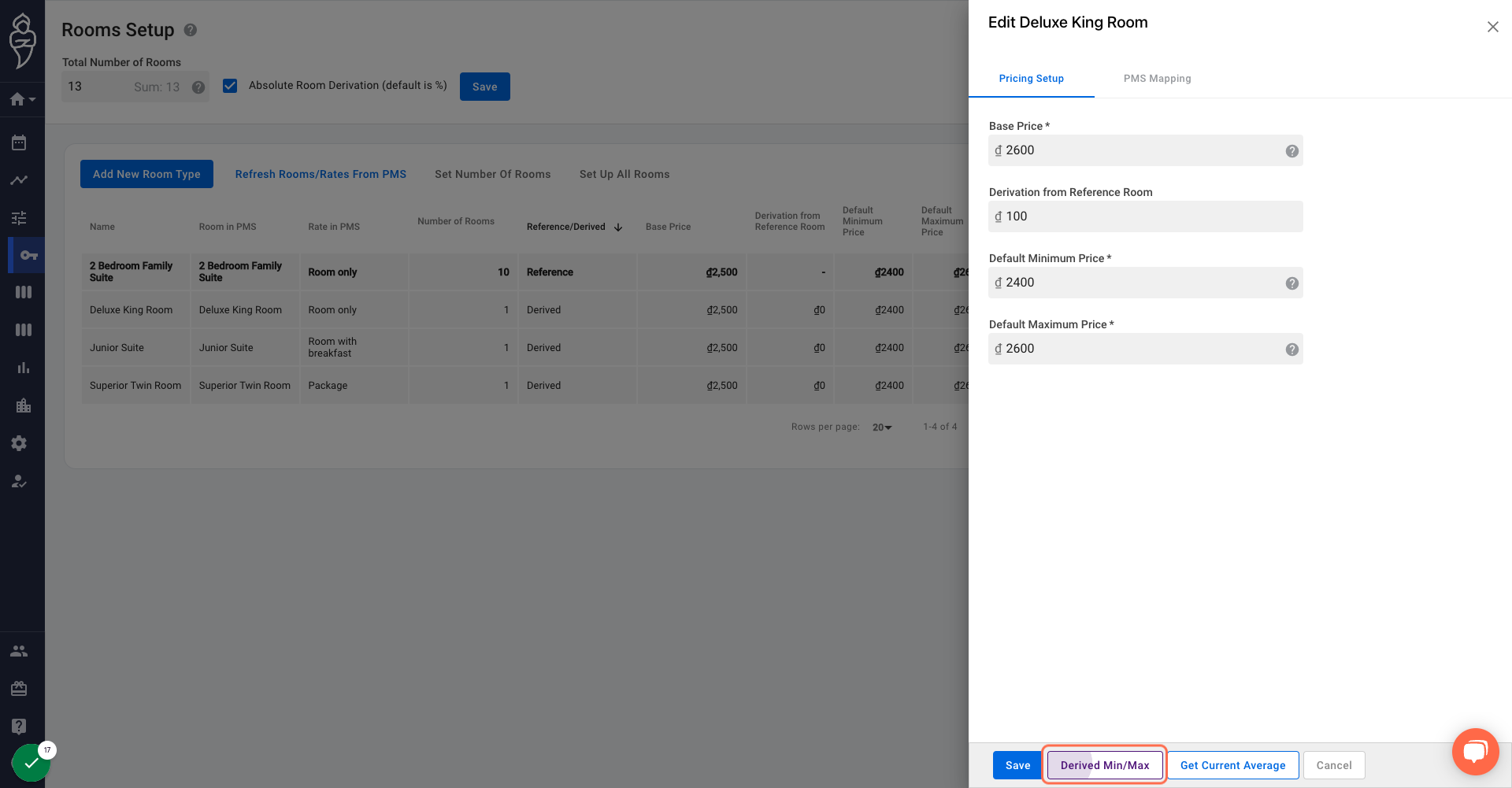 OPTIONAL: Click on Derived Min/Max if you shall like to alter the minimum and maximum price for the selected room type accordingly.