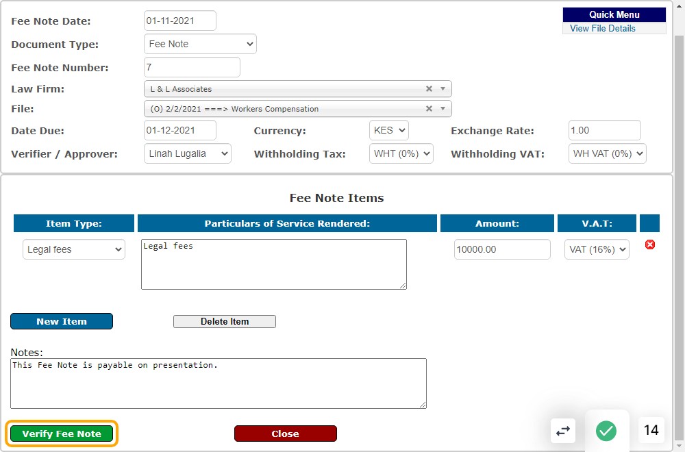 Once done click on the Verify Fee Note button to complete the verification