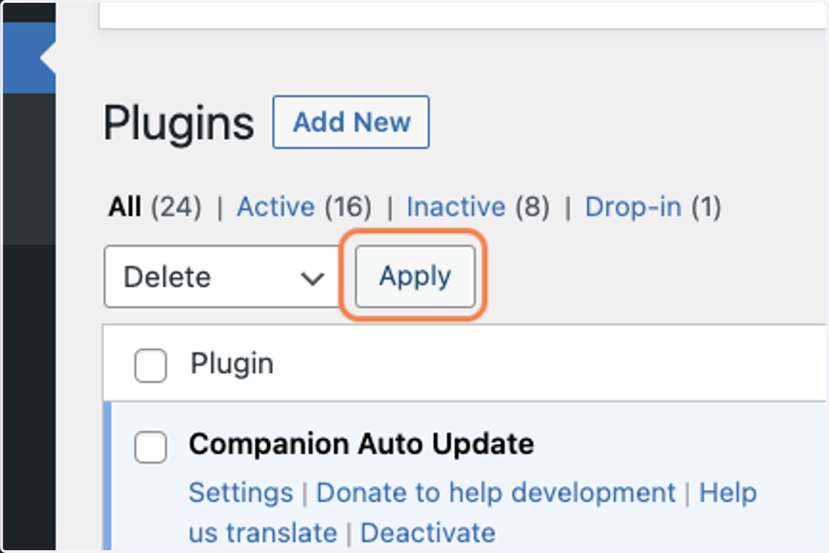 Above the screen, under the PLUGINS title, select DELETE - then Click on Apply