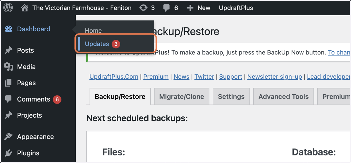 When your backup is completed > go to Dashboard > Updates