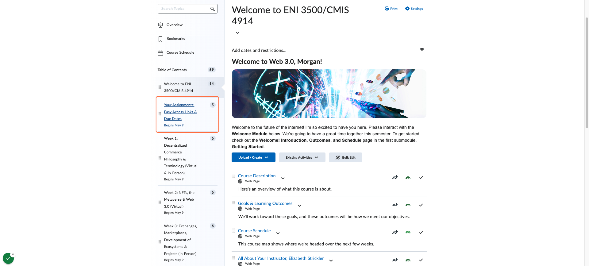 "Easy Access" module with assignment information and links