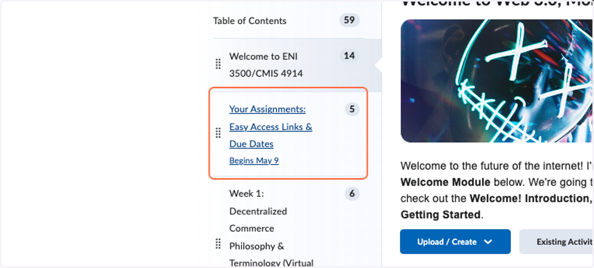 "Easy Access" module with assignment information and links