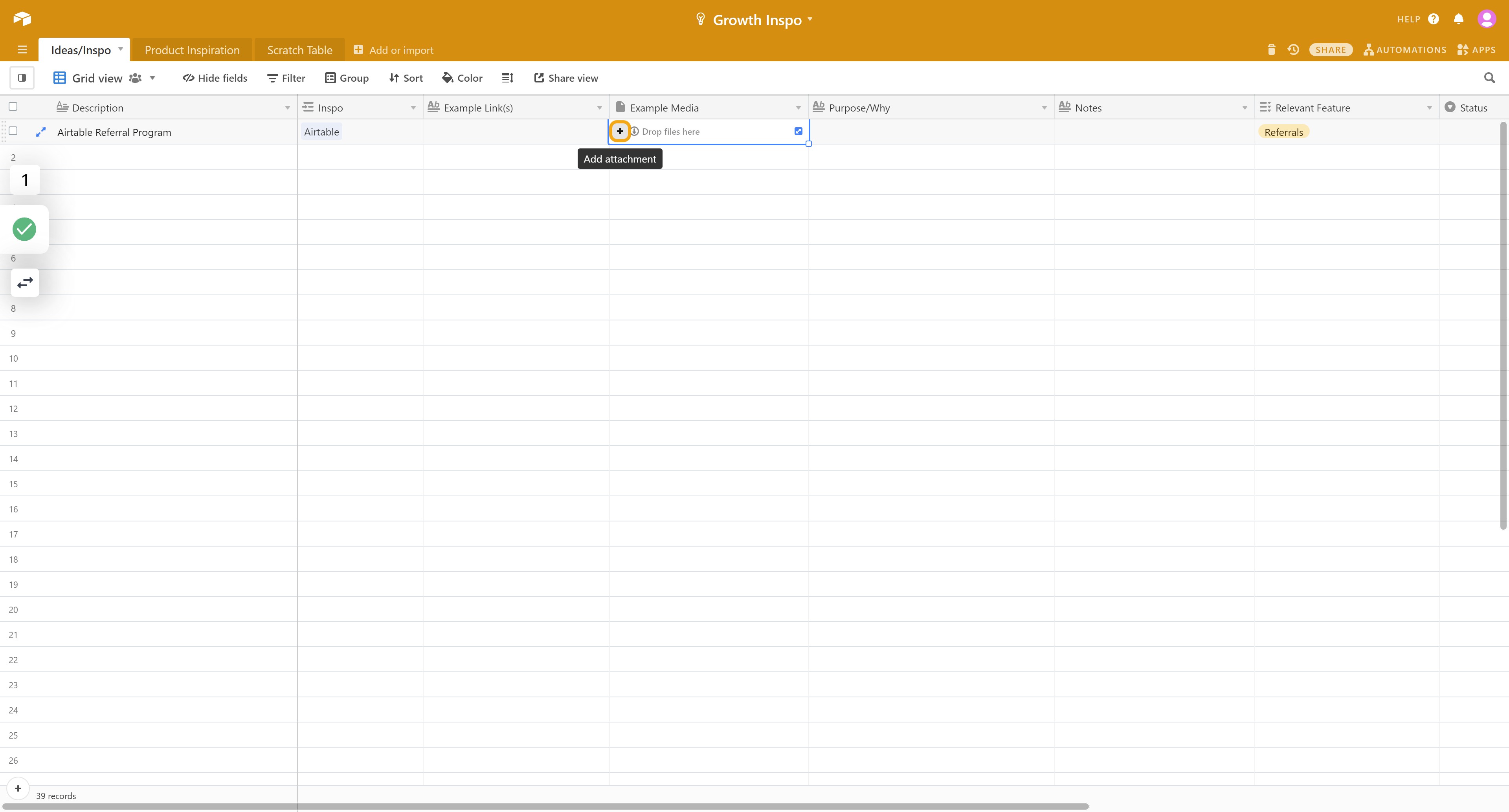 Click on an "Attachment" cell Drop files here