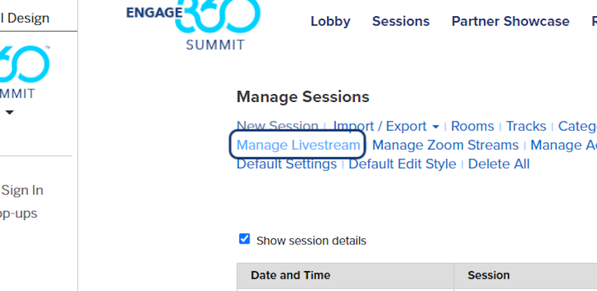 Click on Manage Livestream