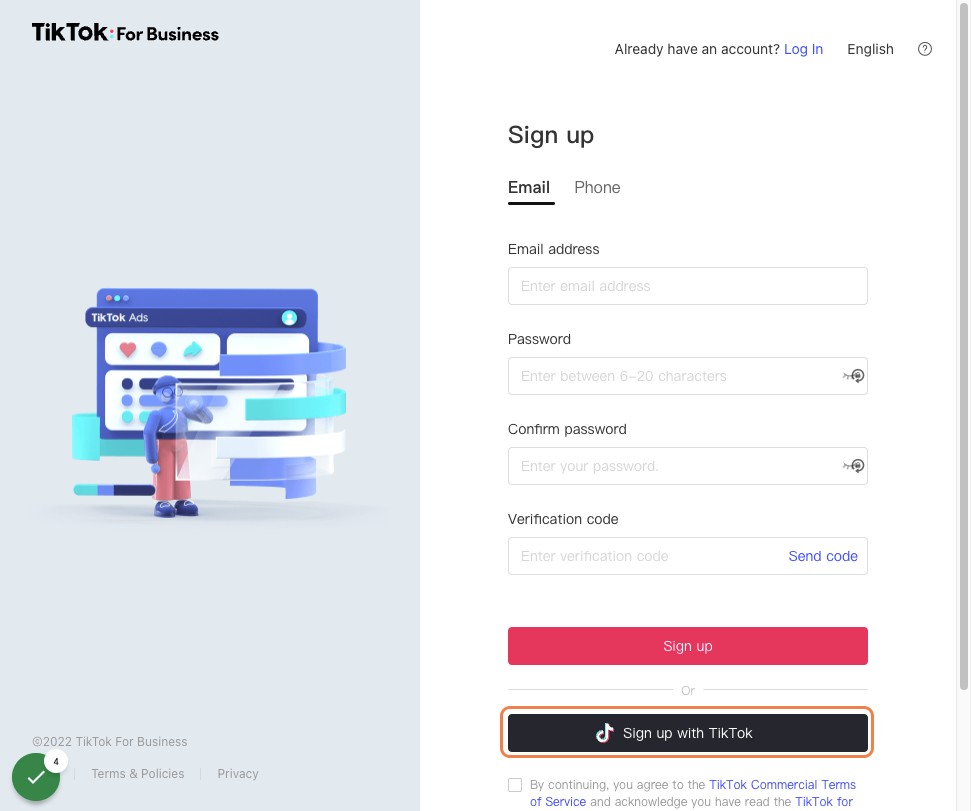 Click on Sign up with TikTok