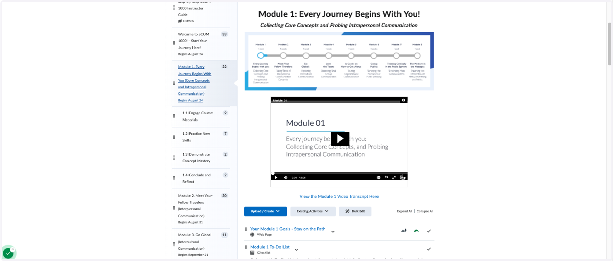 Multimedia: "Roadmap" infographic of all course topics and module introduction videos featuring the department chair providing an overview of the module topic