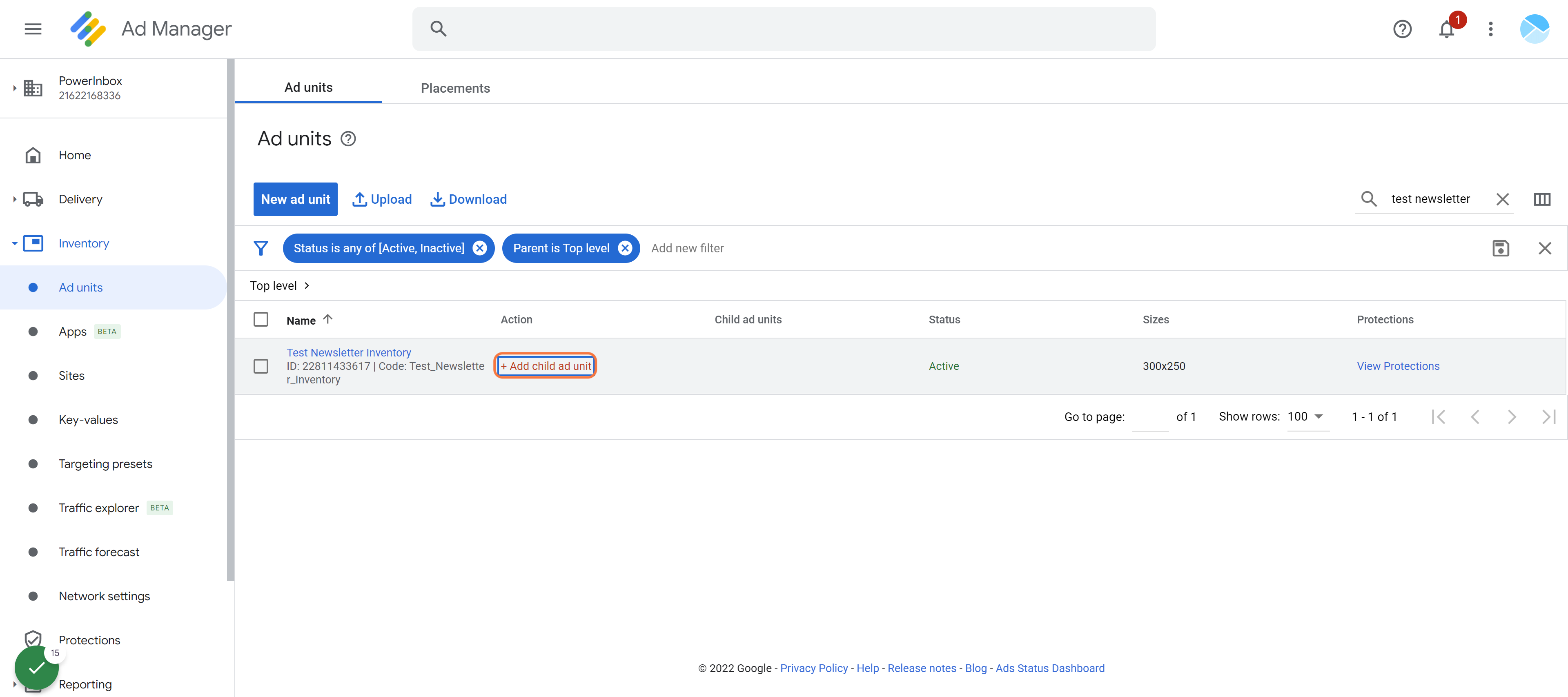 Click on + Add child ad unit once you find the original parent ad inventory