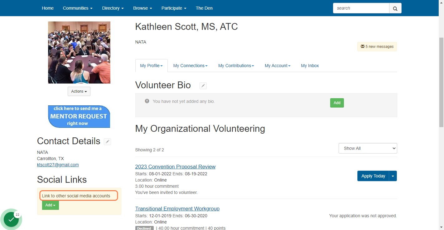 This is your Volunteer Profile Dashboard View.