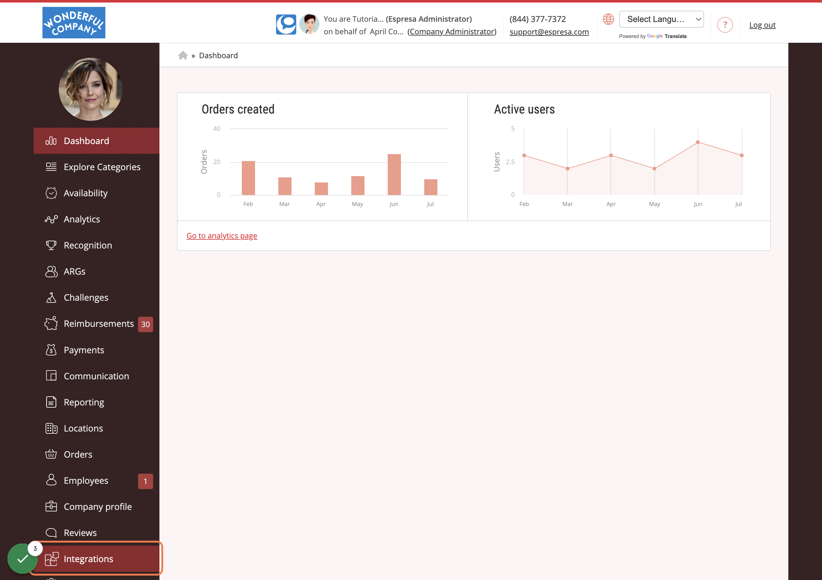 Login to Espresa. Switch to your Company Admin role and click on Integrations
