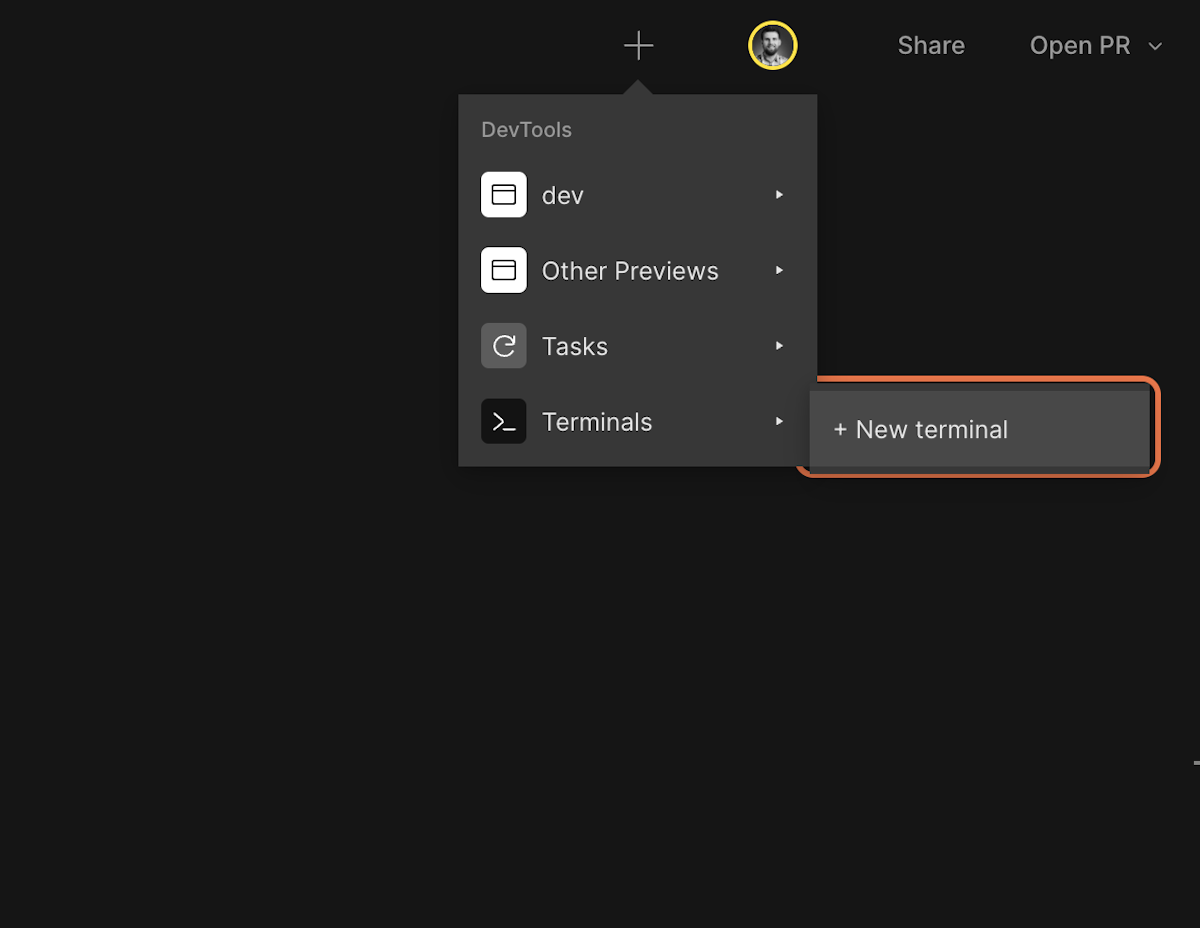 When selecting the terminal devtool option in the dropdown a sub menu shows up with the option to add a new terminal.