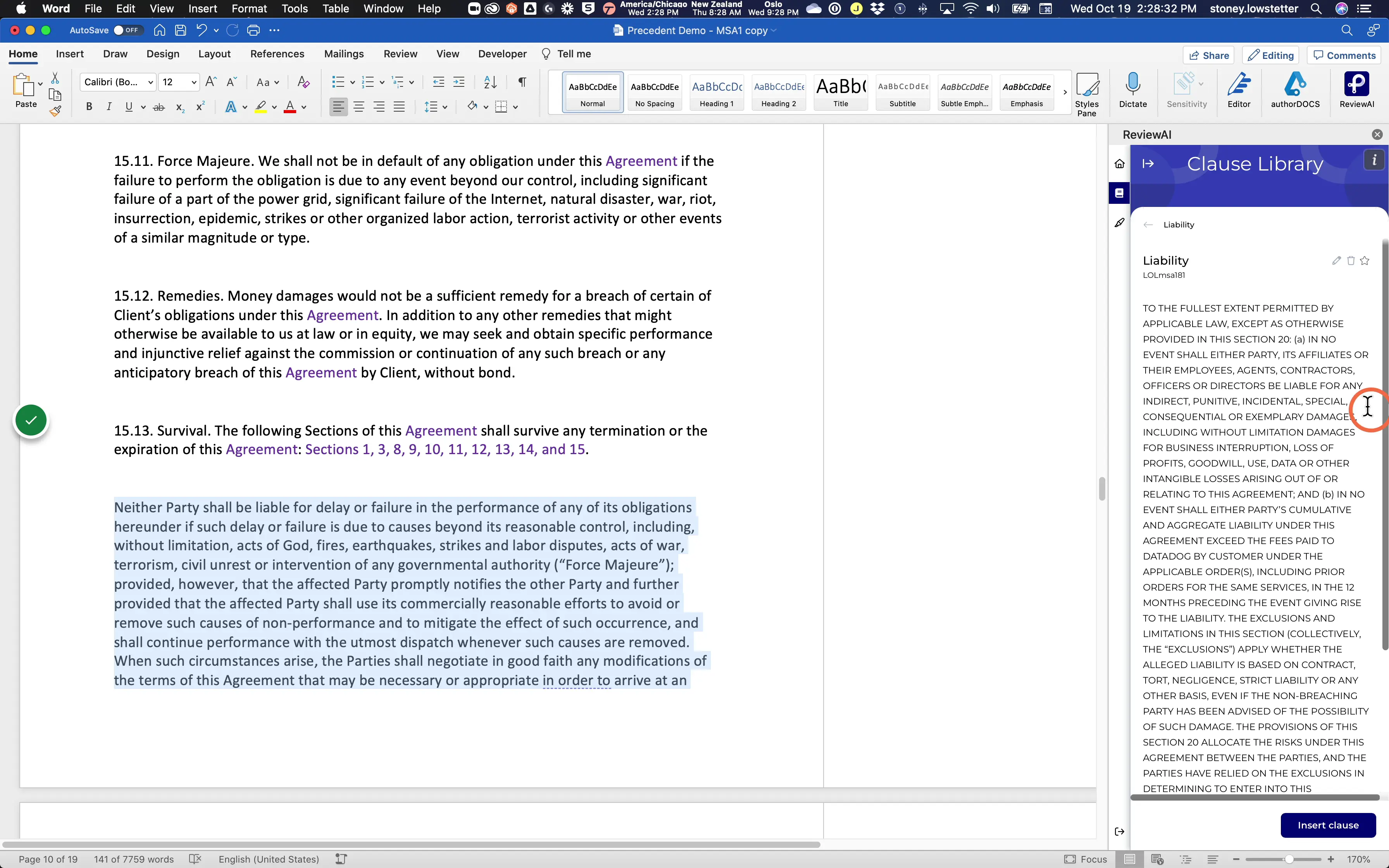 Clicking on the Clause