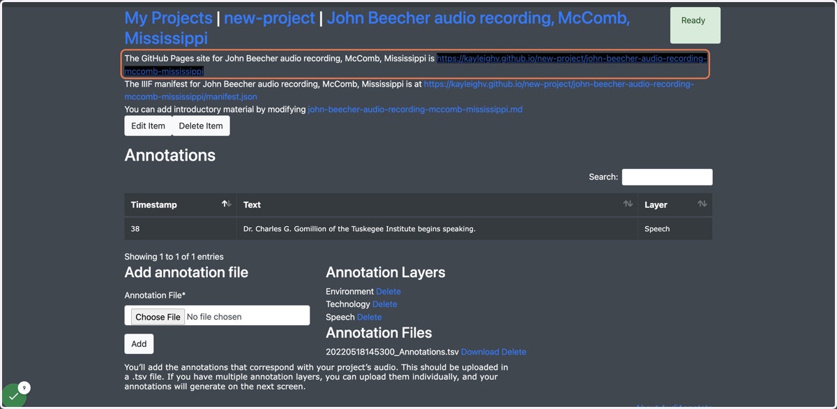 Once you see the green "Ready" alert in the top right of the screen, you can visit you project site to see your annotations