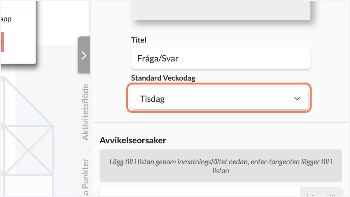 Ange vilken veckodag som lappen ska skapas på (när lappar skapas i veckoläge). Om du inte anger något kommer Yolean att skapa lapparna på fredagar.