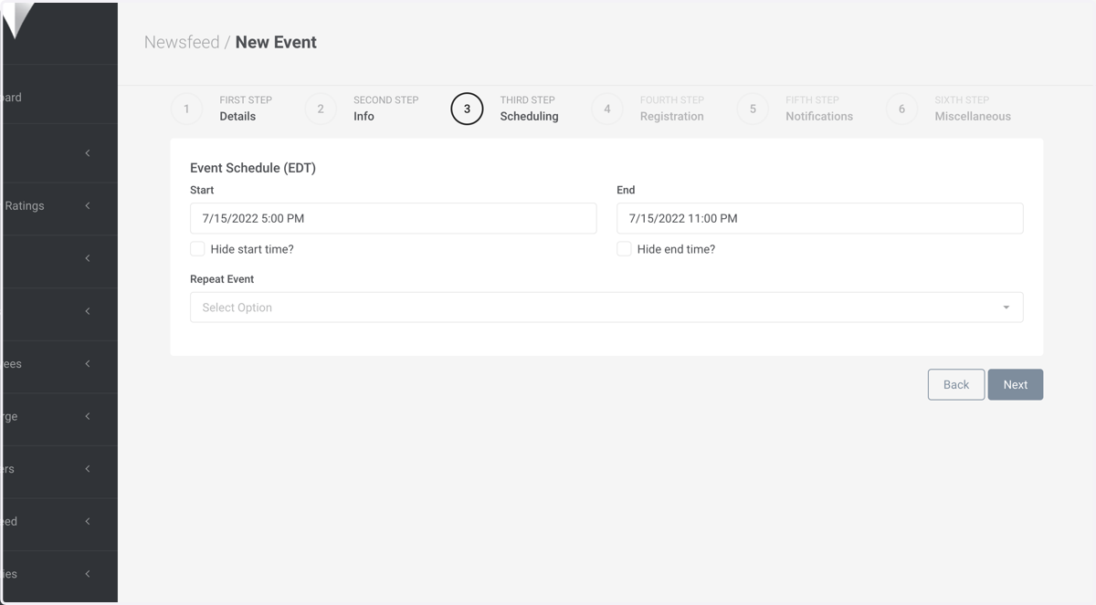 Select hide start/end time if you would not like those times to be visible in the app.