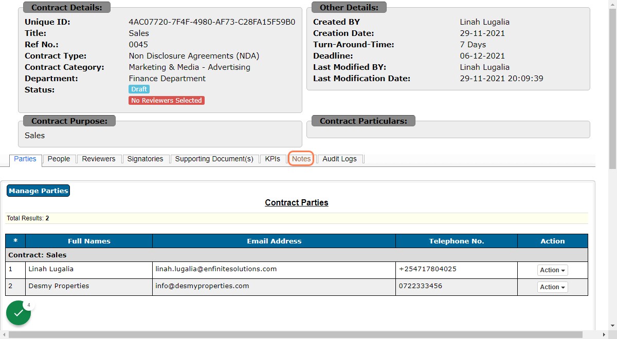Click on Notes link under the contract details