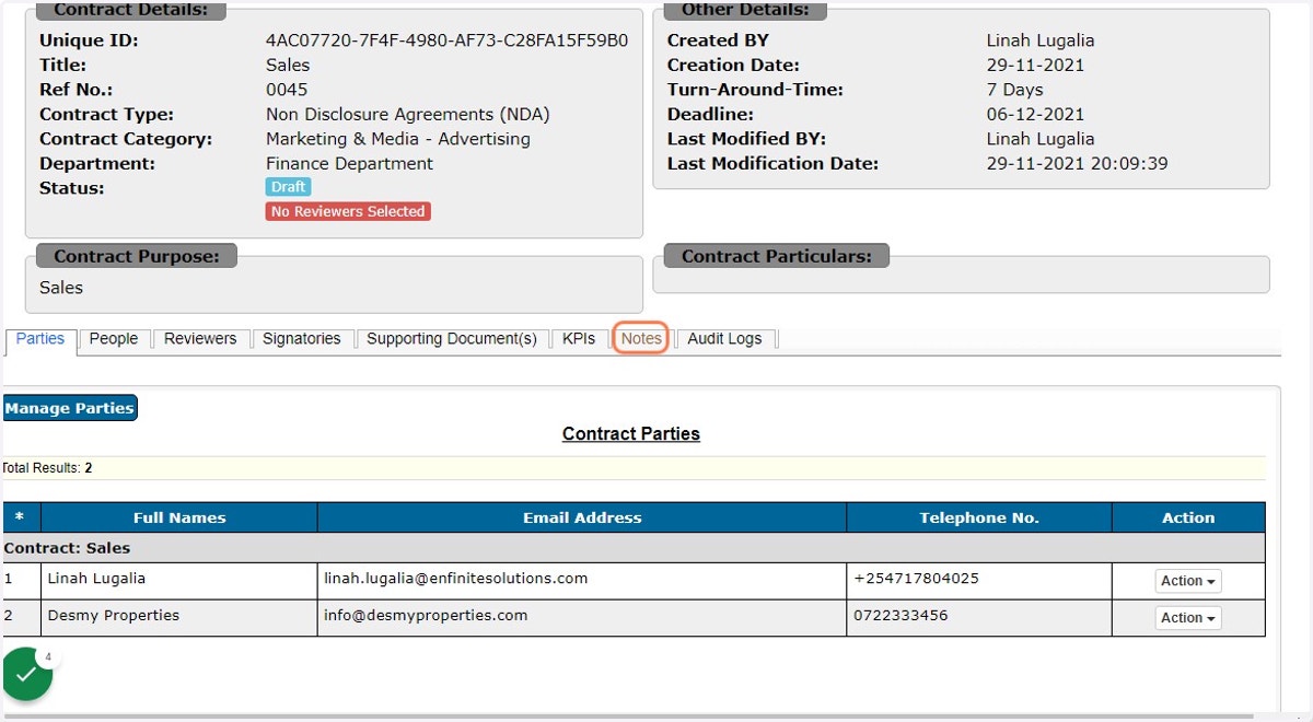 Click on Notes link under the contract details