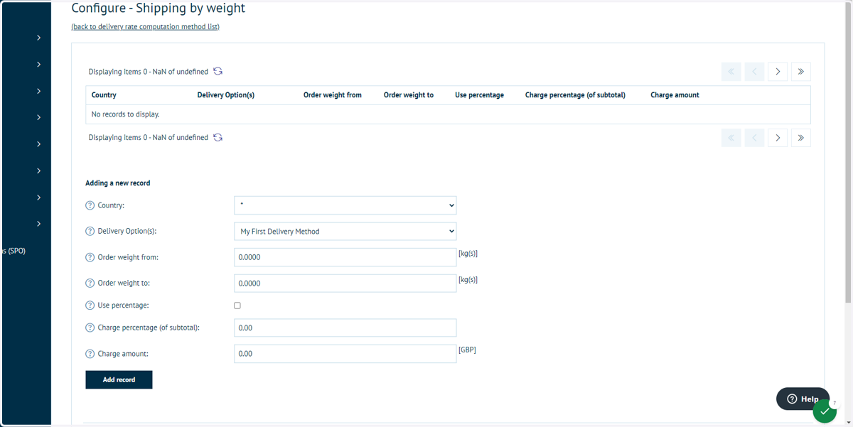 Shipping by Weight configuration options are now displayed