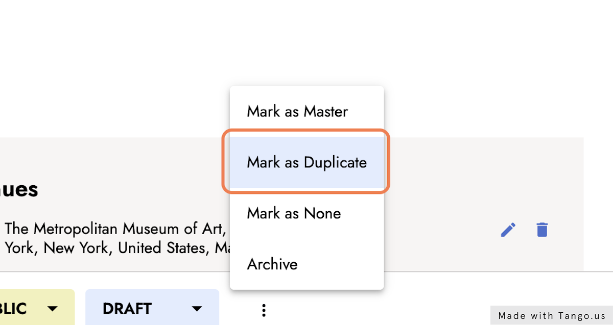 Click on the context menu (three dots) in the action bar and select "Mark as Duplicate"