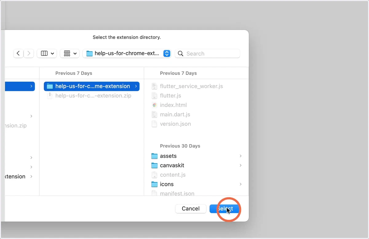 Navigate to the extracted files folder with the manifest.json and select it.