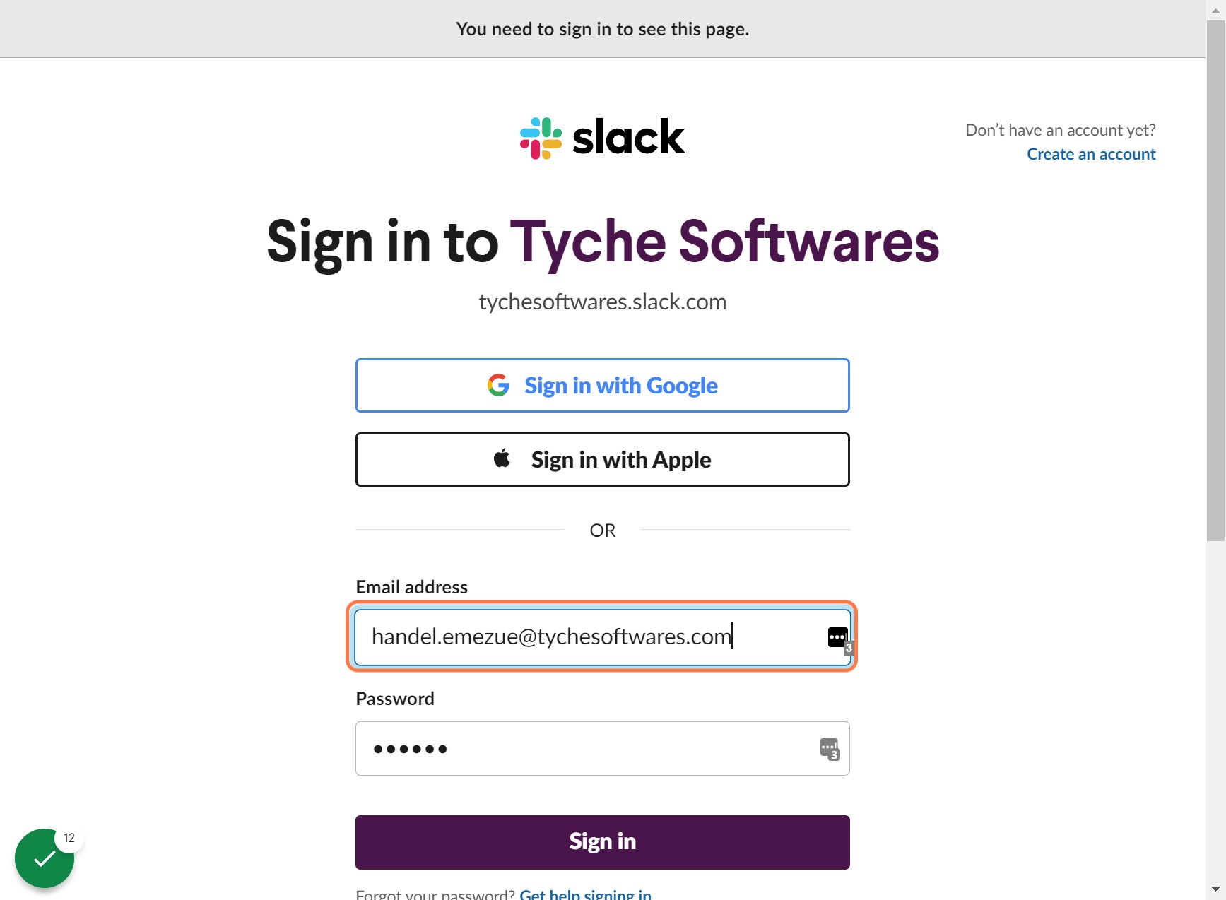 Type in your Slack email address
