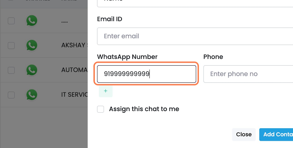 Enter WhatsApp Number with Country Code Without + Sign ( 919999999999 )