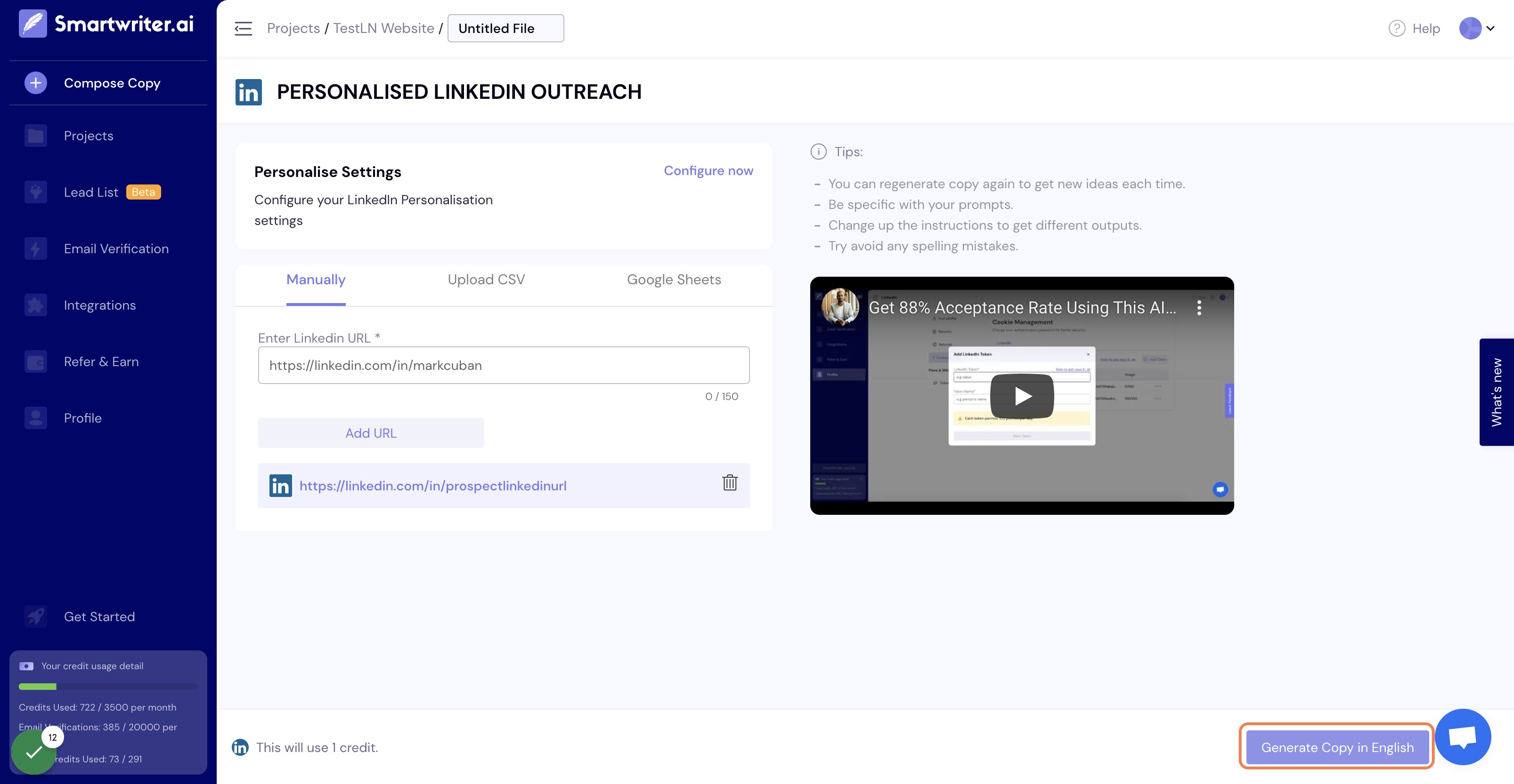 Click on generate copy and you're off to sky rocketing reply rates