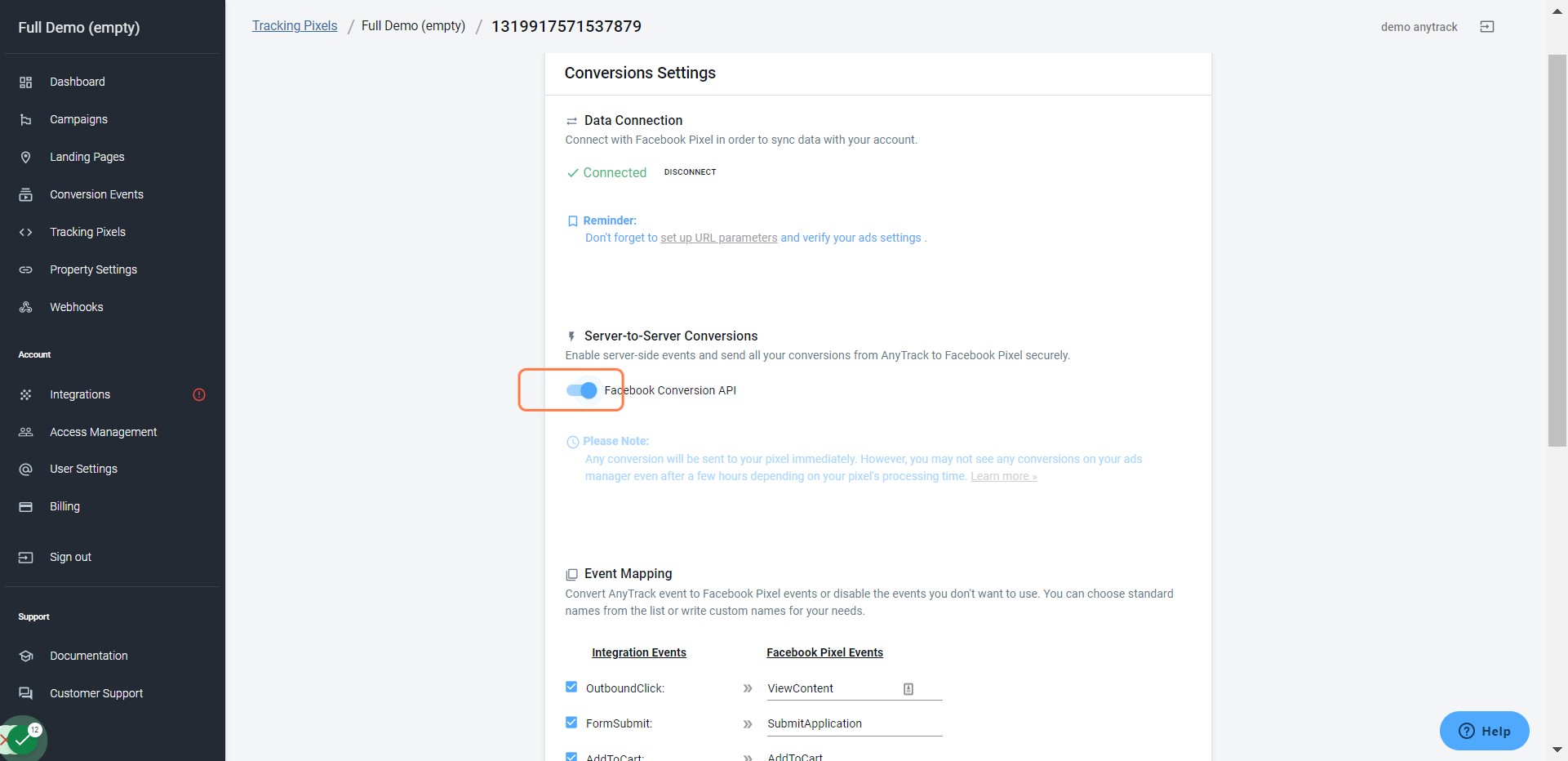 Now enable the  facebook conversion api integration