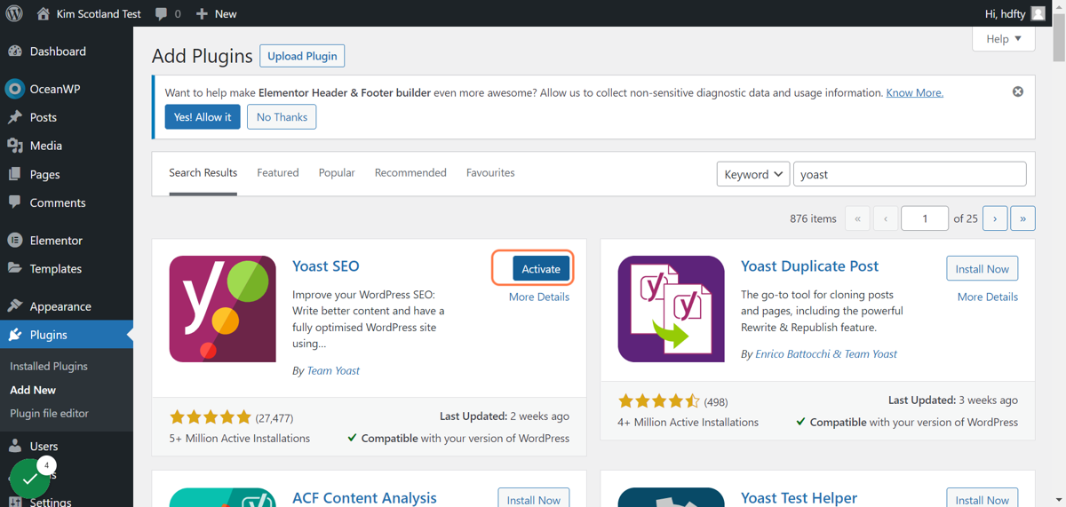 Screenshot of the user clicking the Activate button for the Yoast SEO plugin.