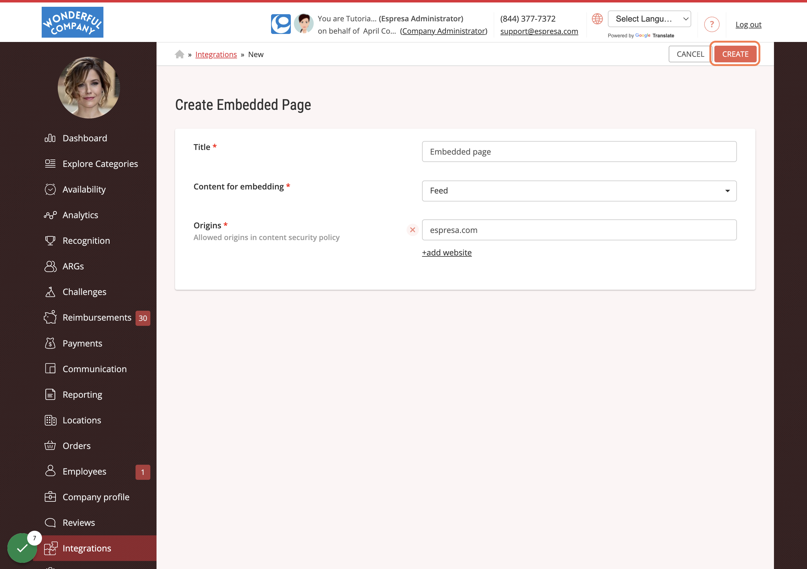 Then click CREATE to generate the embed code