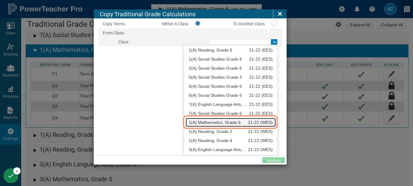 In the first dropdown, select the current class in which you are working
