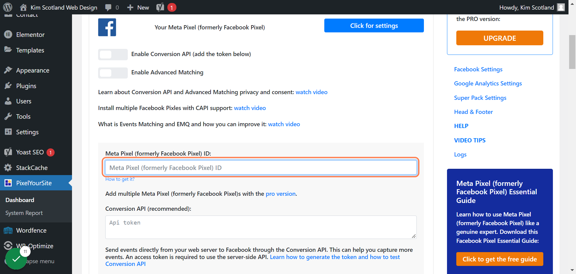Click back to your WordPress dashboard tab and paste the pixel Id into the field as shown below.