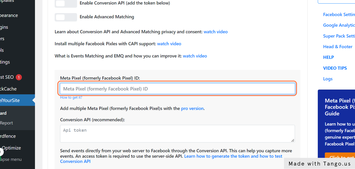 Click back to your WordPress dashboard tab and paste the pixel Id into the field as shown below.