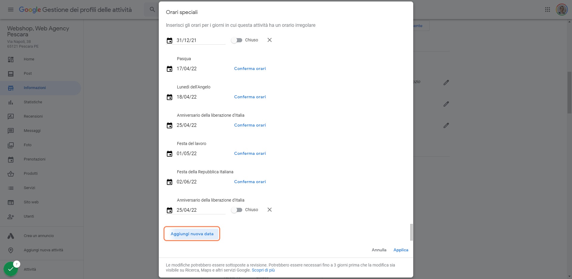 Click su Aggiungi nuova data