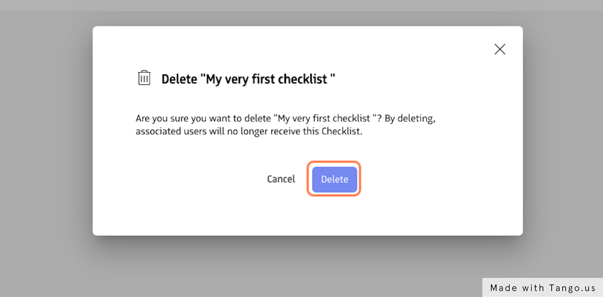 A delete confirmation modal is shown. Click the "Delete" button to confirm you want to proceed with deleting this Checklist.